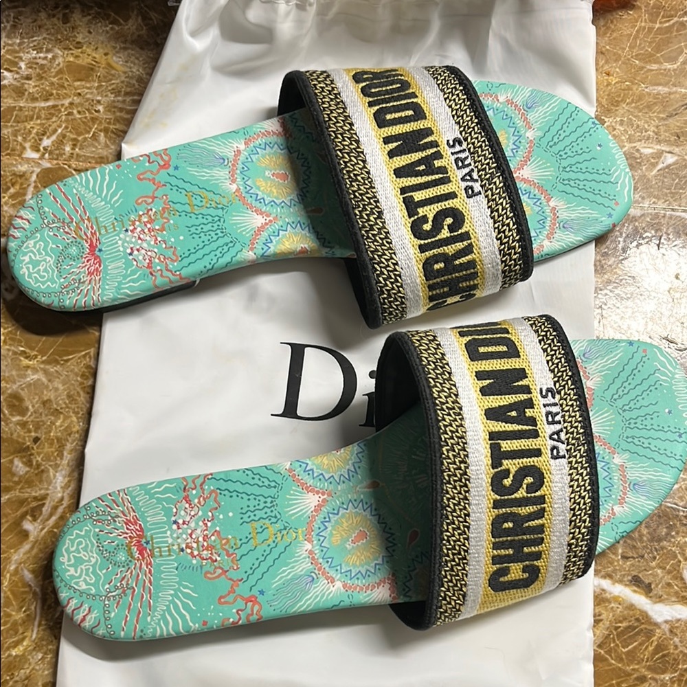Christian Dior Paris Slides in Green and Gold